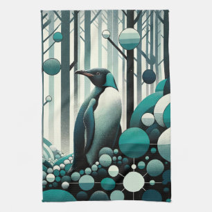Teal Turquoise Penguin In The Art Deco Geometrical Tea Towel