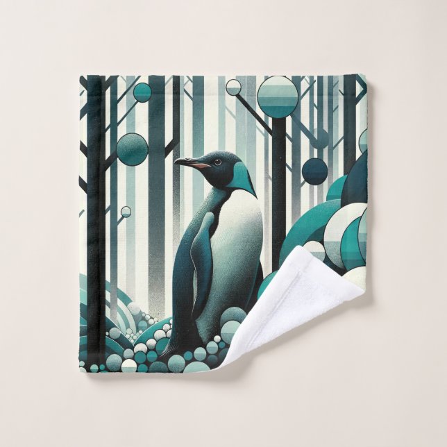 Teal Turquoise Penguin In The Art Deco Geometrical Wash Cloth (Wash Cloth)