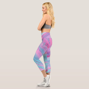 Teal, Turquoise, Pink Abstract High Waisted Capris