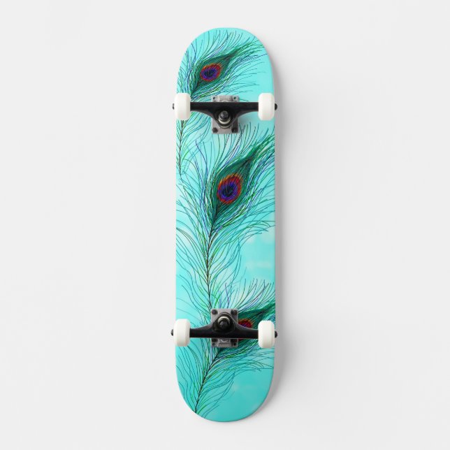 Teal Turquoise Purple Peacock Feathers Skateboard (Front)