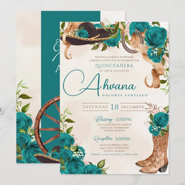 Teal Turquoise Quinceanera Charro Western Rose Invitation (Front/Back)