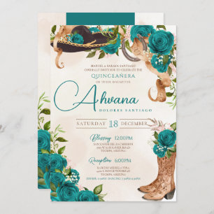 Teal Turquoise Quinceanera Charro Western Rose Invitation
