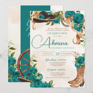 Teal Turquoise Quinceañera Charro Western Rose Invitation