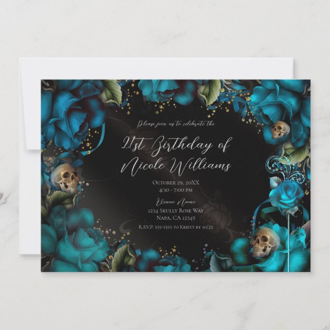 Teal Turquoise Roses Skulls Gothic Birthday Party  Invitation (Front)