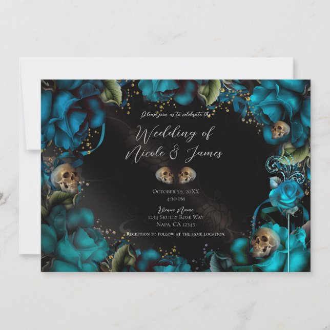 Teal Turquoise Roses Skulls Gothic Wedding  Invitation (Front)
