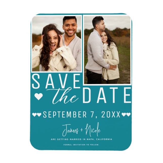 Teal Turquoise Save the Date 2 Photo Wedding  Magnet (Vertical)