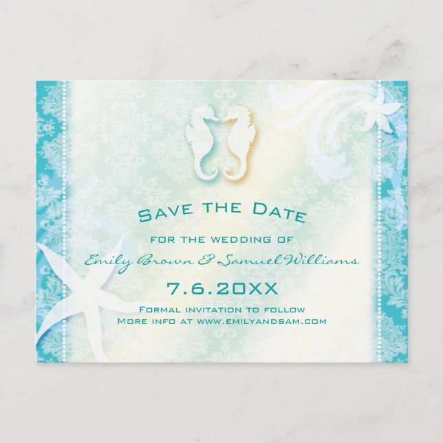 Teal Turquoise Seahorse Wedding Save the Date Announcement Postcard (Front)