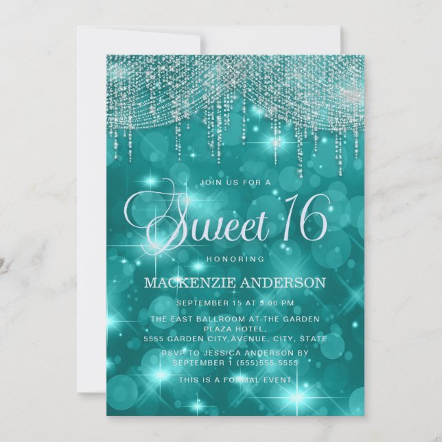 Teal Turquoise String Lights Bokeh Sweet 16 Invitation (Front)
