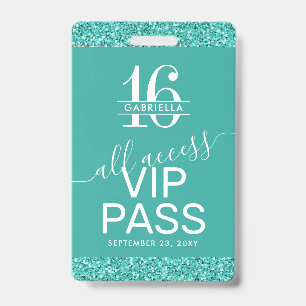 Teal Turquoise Sweet 16 Invitation VIP Pass Badge ID Badge
