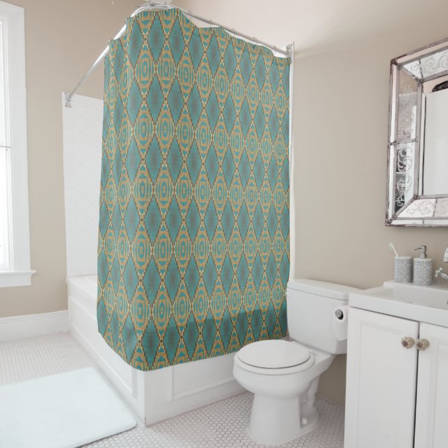 Teal Turquoise Taupe Brown Tribal Art Shower Curtain (In Situ)