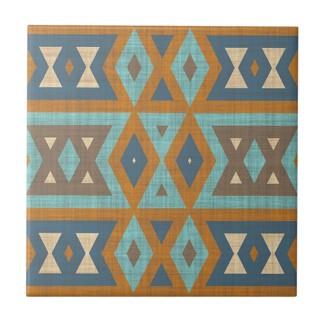 Teal Turquoise Terracotta Brown Ethnic Tribe Art Tile (Front)