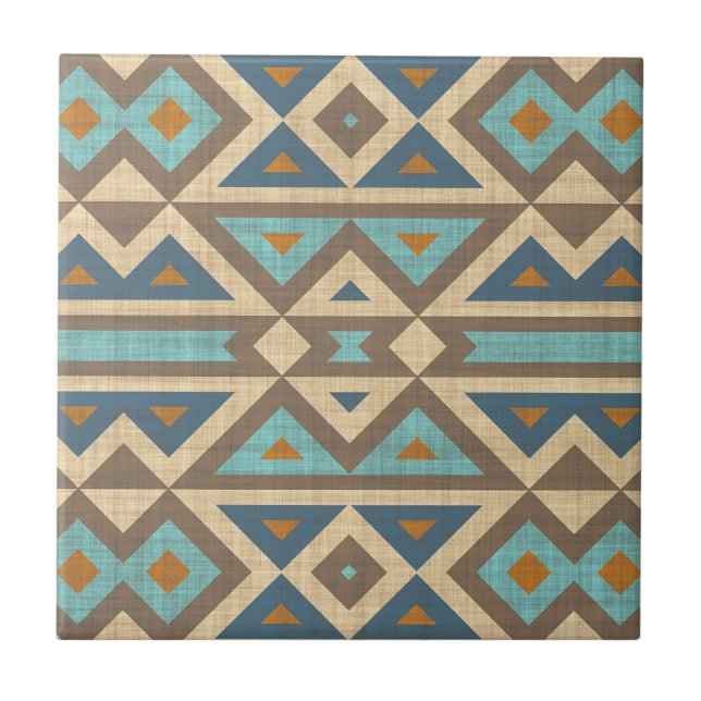 Teal Turquoise Terracotta Brown Ethnic Tribe Art Tile (Front)