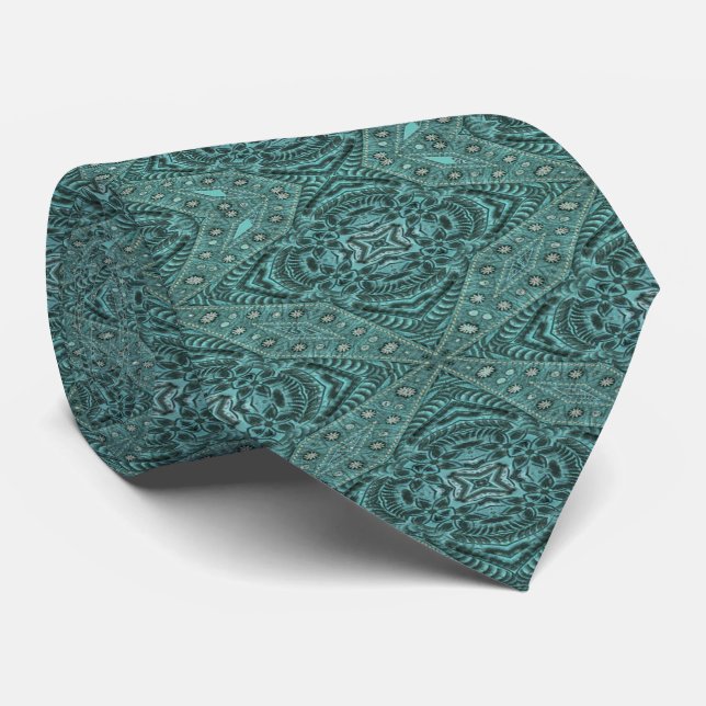 teal turquoise western country Tooled Leather Tie (Rolled)