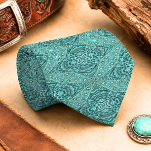 teal turquoise western country Tooled Leather Tie
