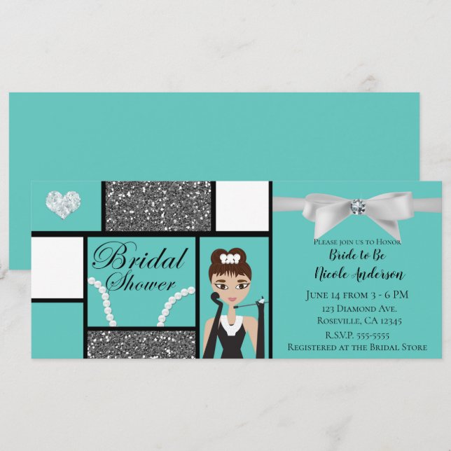 Teal Turquoise & White Bow Bridal Shower Invitation (Front/Back)