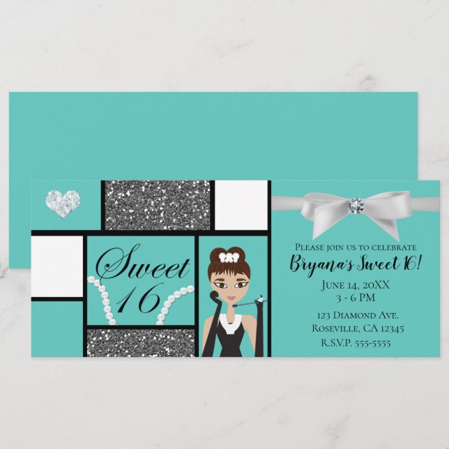 Teal Turquoise & White Bow Sweet 16 Birthday Party Invitation (Front/Back)