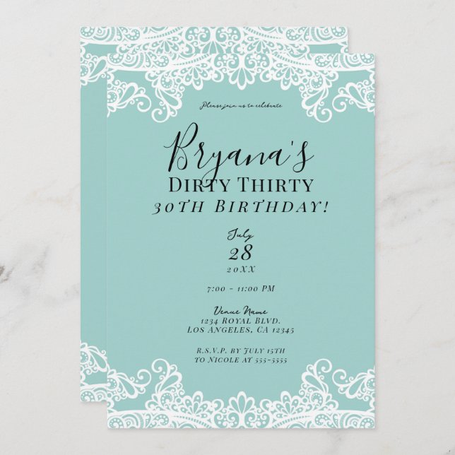 Teal Turquoise White Lace Dirty 30 30th Birthday   Invitation (Front/Back)