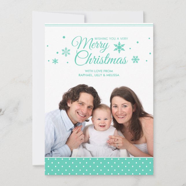 Teal Turquoise & White Merry Christmas photo card (Front)