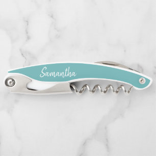 Teal Turquoise White Modern Script Name Corkscrew