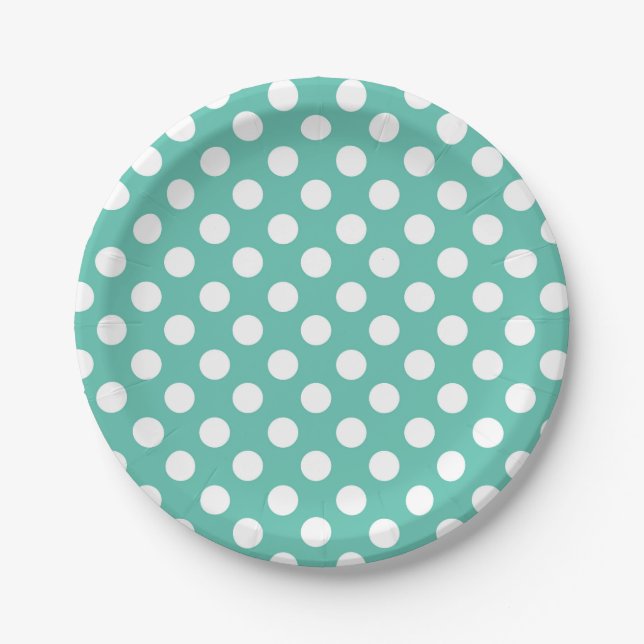 Teal Turquoise & White Polka Dots Birthday Party Paper Plate (Front)
