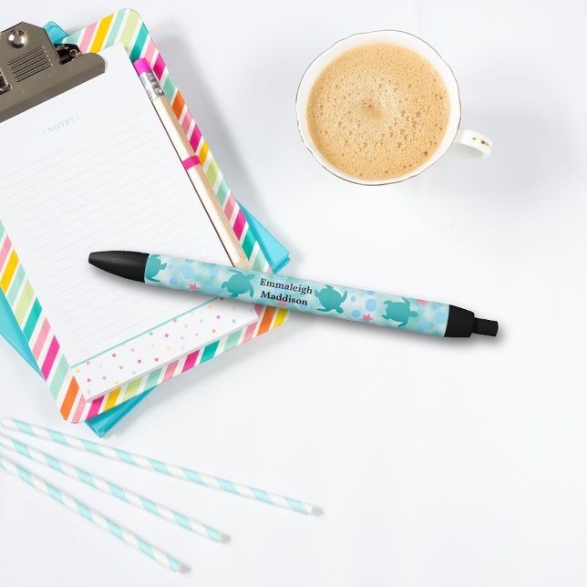 Teal Turtle Pink Star Pattern Monogram Black Ink Pen (Creator Uploaded)