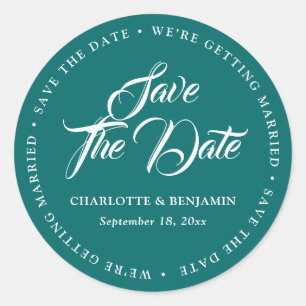 Teal Typography Script Wedding Save The Date Classic Round Sticker