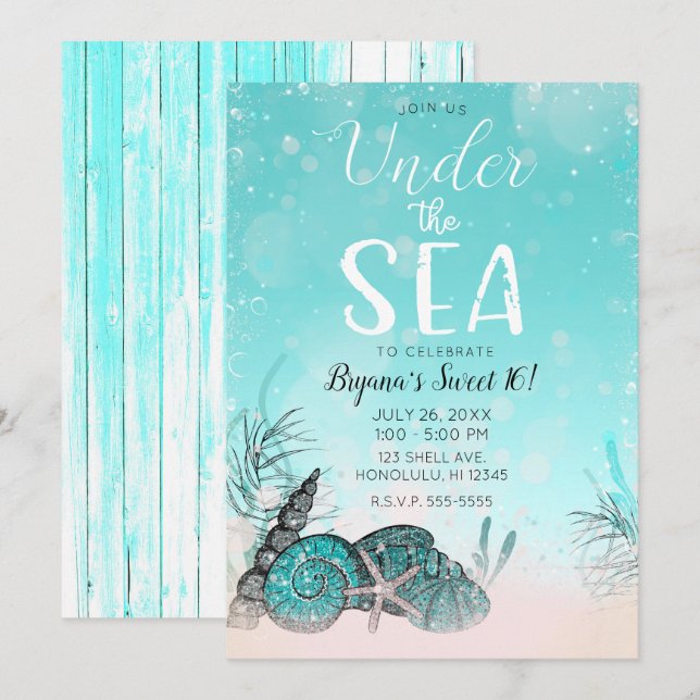 Teal Under the Sea Shells Beach Sweet 16 Party Invitation (Front/Back)