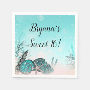 Teal Under the Sea Shells Beach Sweet 16 Party Napkin
