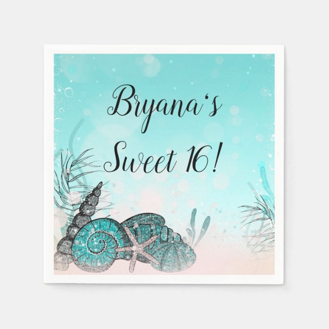 Teal Under the Sea Shells Beach Sweet 16 Party Napkin (Front)