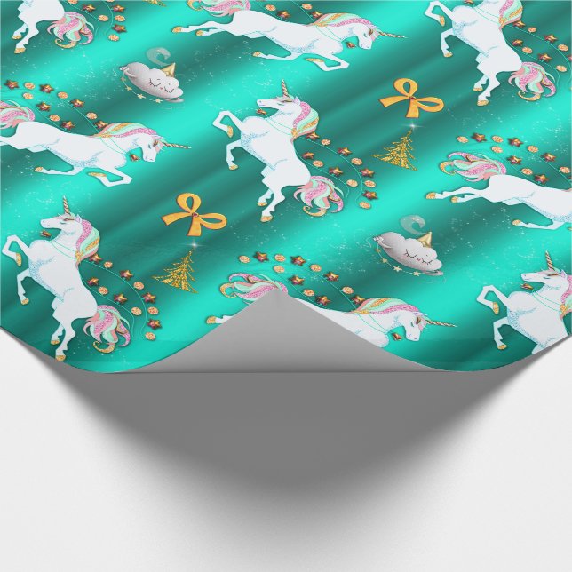 Teal Unicorn Christmas Wrapping Paper (Corner)
