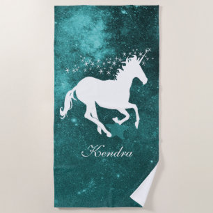 Teal Unicorn Personalised Beach Towel