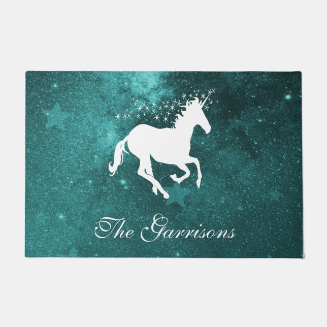 Teal Unicorn Personalised Doormat (Front)