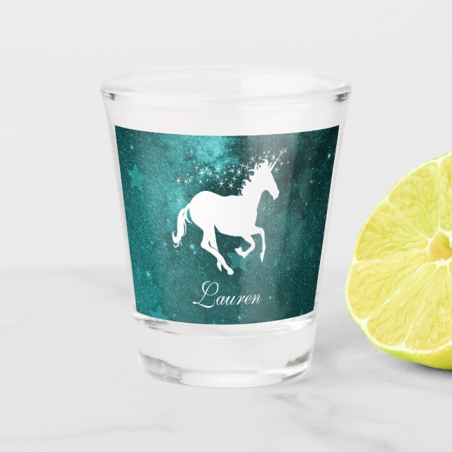 Teal Unicorn Personalised Shot glass (Front)