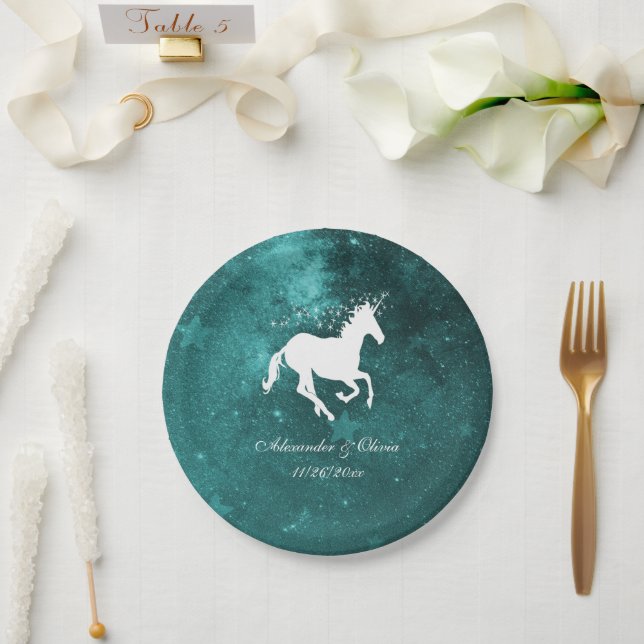 Teal Unicorn Wedding Paper Plate (Wedding)