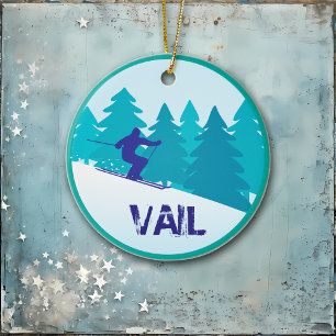 Teal Vail Ski Circle Personalised Ceramic Tree Decoration