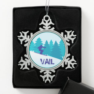 Teal Vail Ski Circle Snowflake Pewter Christmas Ornament
