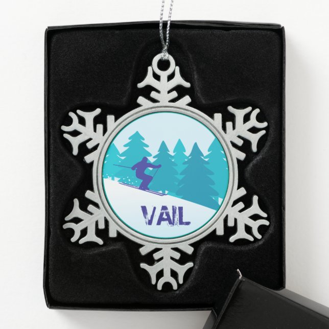 Teal Vail Ski Circle Snowflake Pewter Christmas Ornament (Box)