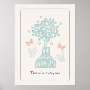 Teal Vase Flowers Butterflies Wall Art Print