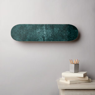Teal Velvet Damask   Dark Green Grunge Floral Skateboard