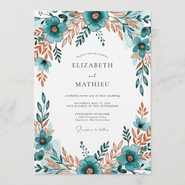 Teal Verdant Bloom Wedding Invitation (Front)
