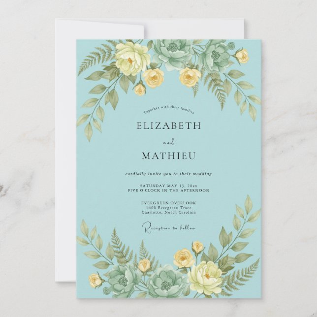 Teal Verdant Blossom Romance Wedding Invitation (Front)