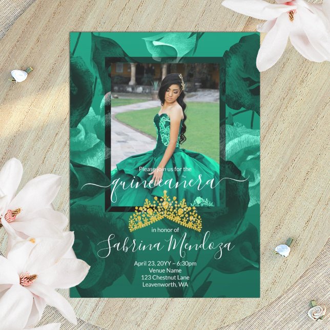 Teal Verde Green Quinceanera Gold Tiara Invitation (teal green rose quinceanera invitation with gold tiara)