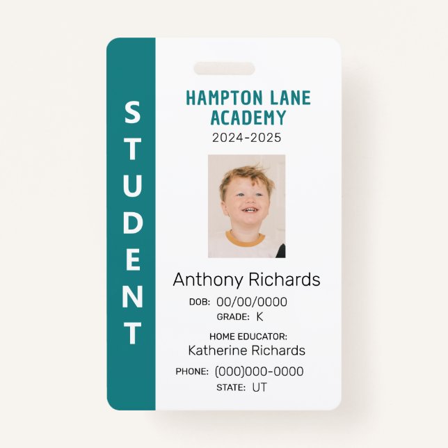 Teal Vertical Stripe Homeschool Student ID Badge (Front)