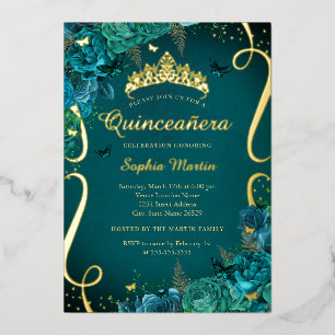 Teal Vibrant Gold Floral Butterfly Quinceanera 