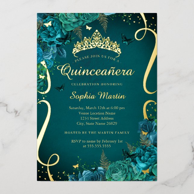 Teal Vibrant Gold Floral Butterfly Quinceanera  (Front)