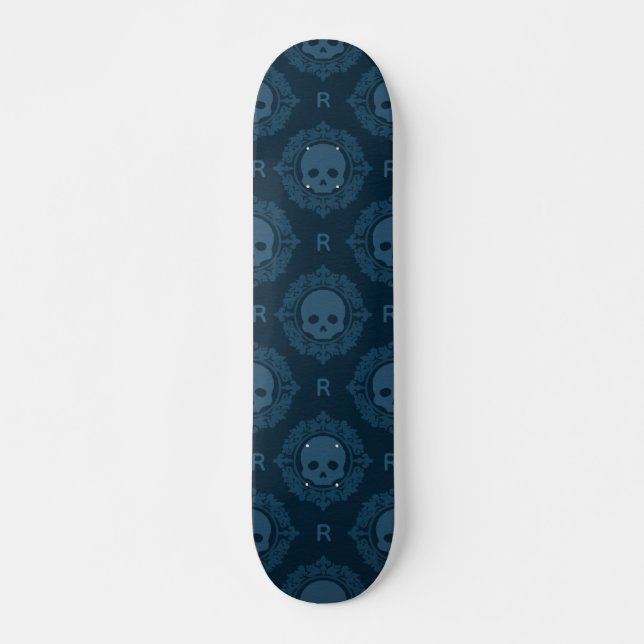 Teal Victorian Gothic Skull & Monogram Minimalist Skateboard (Front)