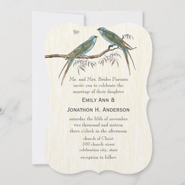 Teal Vintage Bird Wedding Invitations (Front)