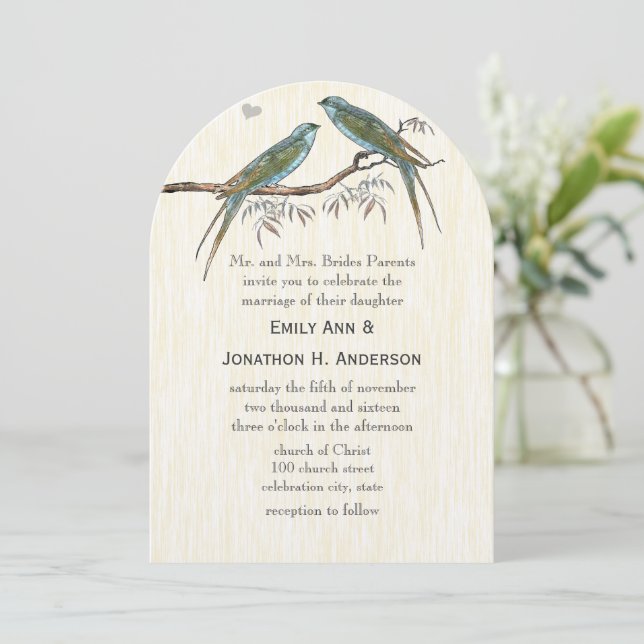 Teal Vintage Bird Wedding Invitations (Standing Front)