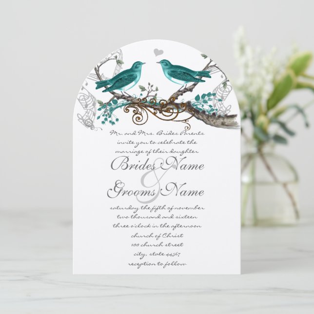 Teal Vintage Birds extra Teal Leaves Wedding Invitation (Standing Front)