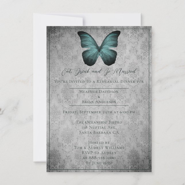 Teal Vintage Butterfly Damask Rehearsal Dinner Invitation (Front)